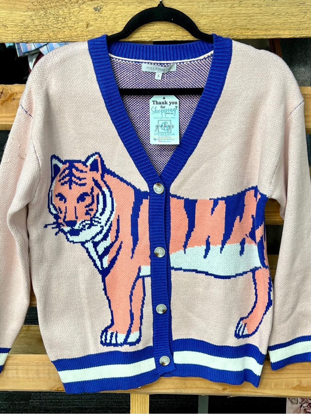 Miss Sparrow Pink Tiger-Intarsia V-Neck Cardigan with Blue Trim